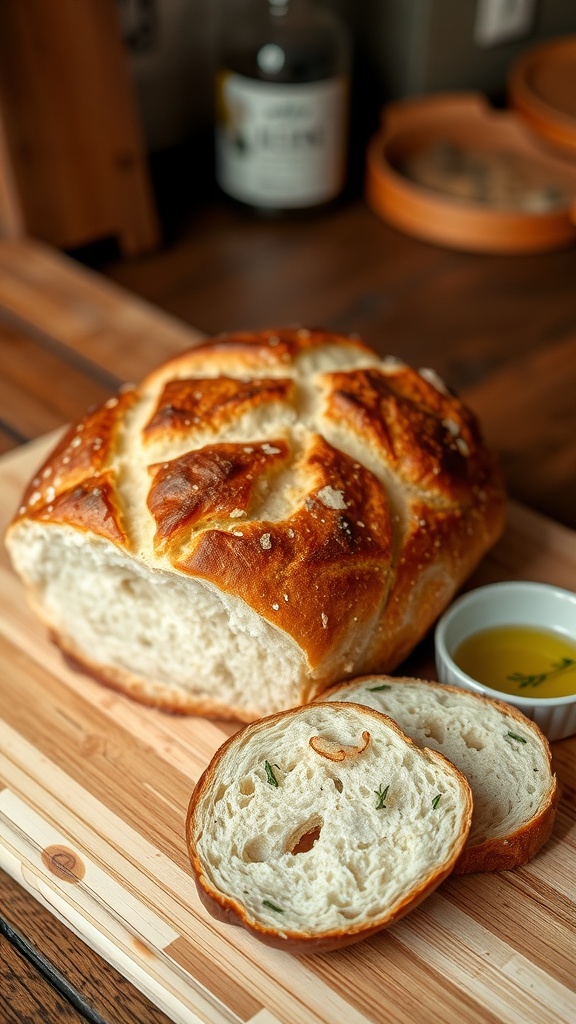A golden crusty loaf of rustic bread on a wooden board with olive oil and herbs.